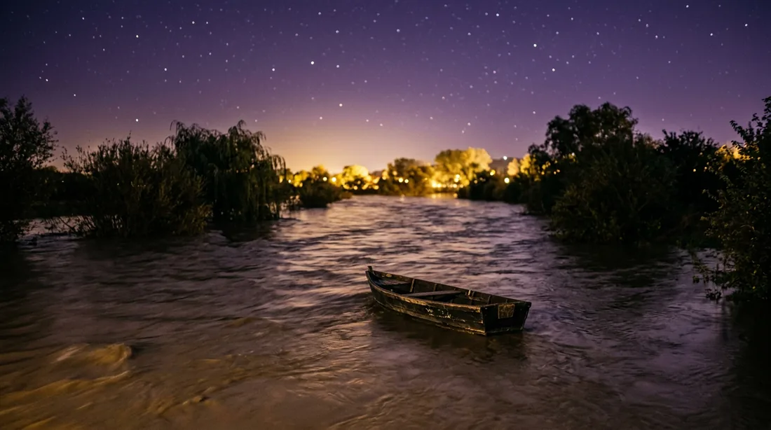 Пустая лодка на быстрой воде разлившейся весенней реки.